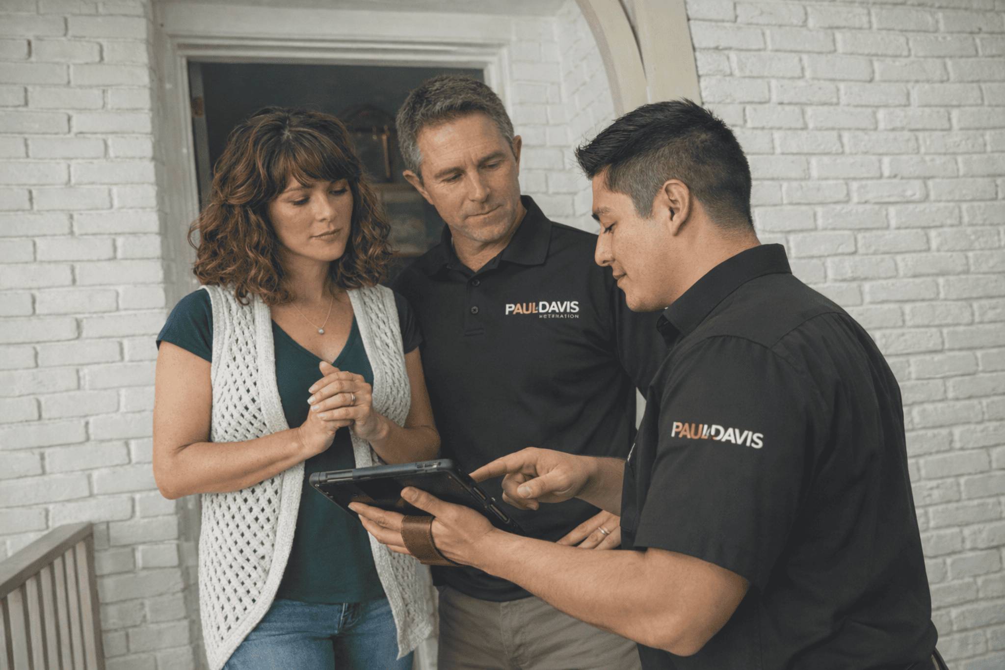 Paul Davis Restoration of the Mid-Hudson Valley team reviewing restoration plans with homeowners during a residential property damage inspection and insurance restoration consultation.