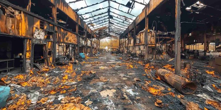 Severe commercial fire damage inside an industrial facility requiring emergency fire cleanup, smoke remediation, debris removal, and structural restoration services by Paul Davis Restoration of the Mid-Hudson Valley.