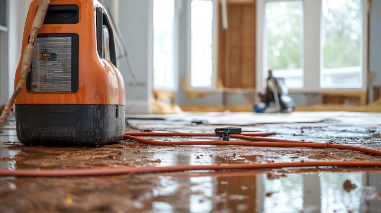 Commercial water damage restoration equipment drying flooded floors inside a business property during emergency water extraction and structural drying services by Paul Davis Restoration of the Mid-Hudson Valley.